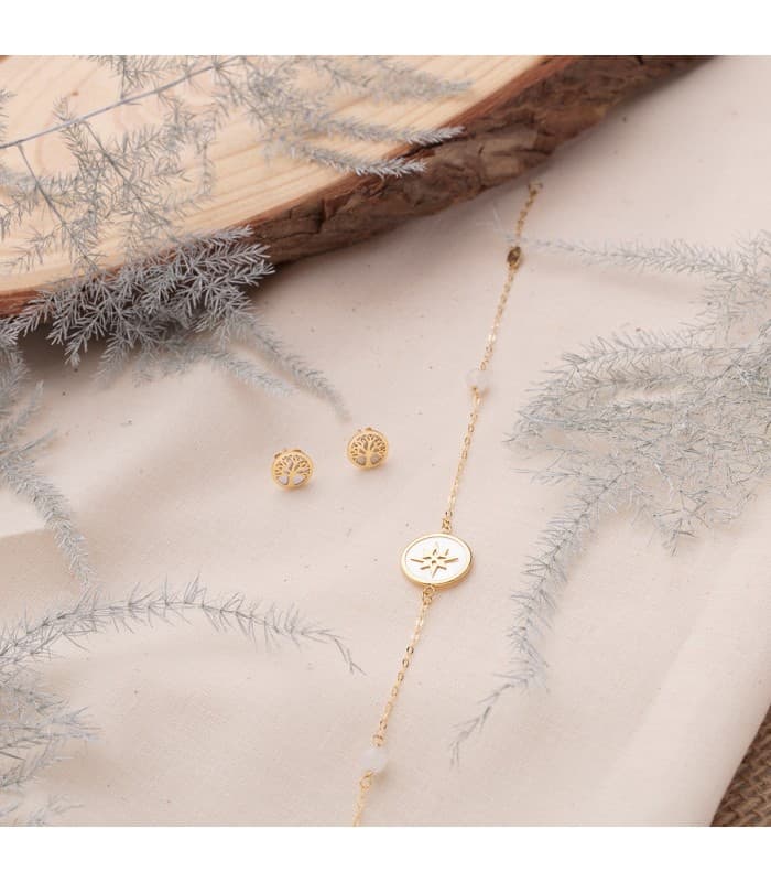 Orecchini Albero della vita con madreperla, simbolo portafortuna | Orecchini a lobo da donna oro giallo 18kt